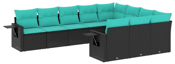 10 db fekete polyrattan kerti kanapégarnitúra párnákkal