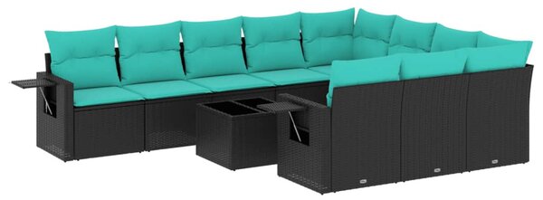 11 db fekete polyrattan kerti kanapégarnitúra párnákkal