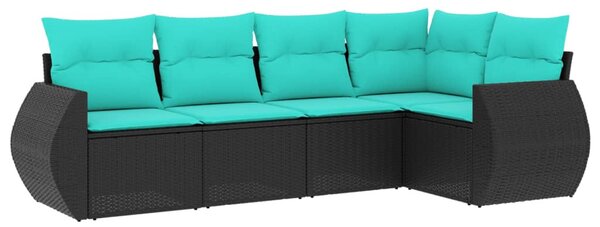 5 db fekete polyrattan kerti kanapégarnitúra párnákkal