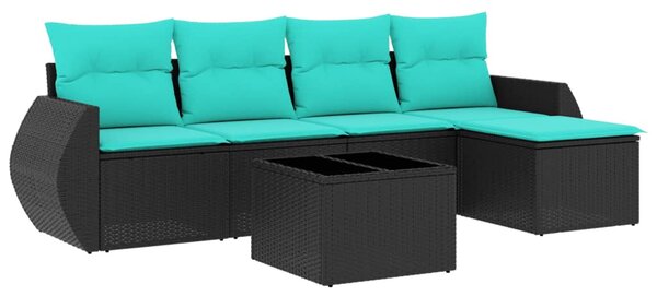 6 db fekete polyrattan kerti kanapégarnitúra párnákkal