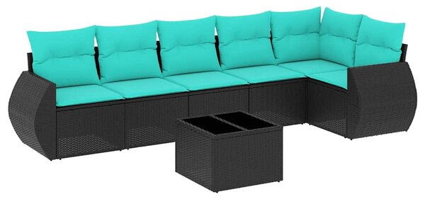 7 db fekete polyrattan kerti kanapégarnitúra párnákkal