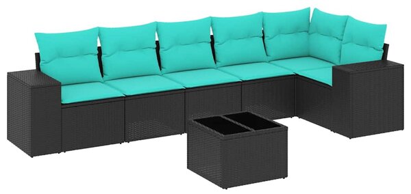 7 db fekete polyrattan kerti kanapégarnitúra párnákkal