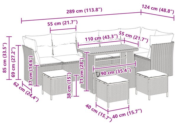 10 Darabos Kertiszófa Szett Párnákkal Fekete Poli Rattan Akáciával, 4 Darabos Kerti Étkező Szett Párnákkal Fekete Poli Rattan Akáciával