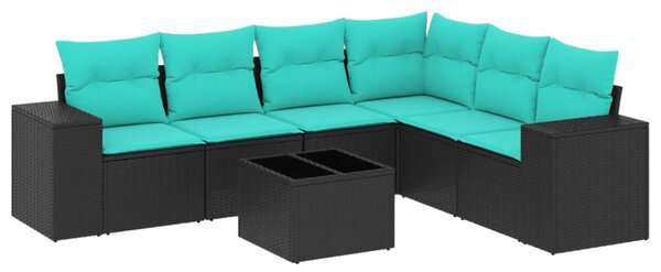7 db fekete polyrattan kerti kanapégarnitúra párnákkal