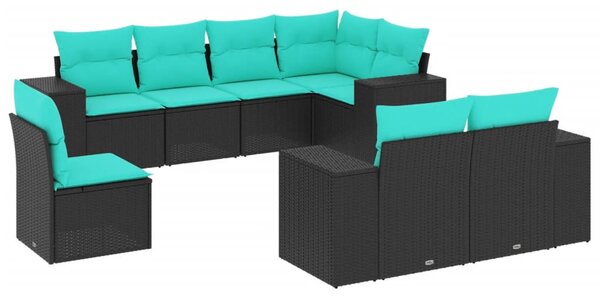 8 db fekete polyrattan kerti kanapégarnitúra párnákkal