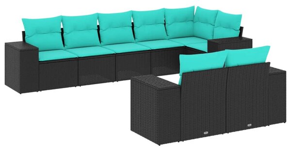 8 db fekete polyrattan kerti kanapégarnitúra párnákkal