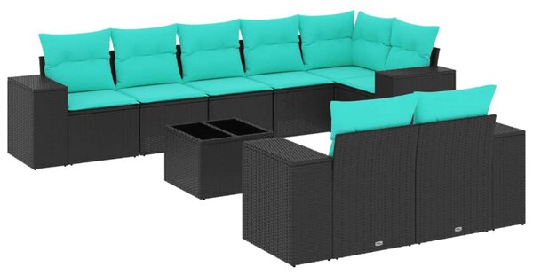 9 db fekete polyrattan kerti kanapégarnitúra párnákkal