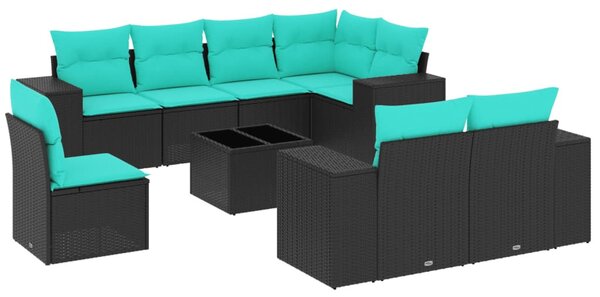 9 db fekete polyrattan kerti kanapégarnitúra párnákkal