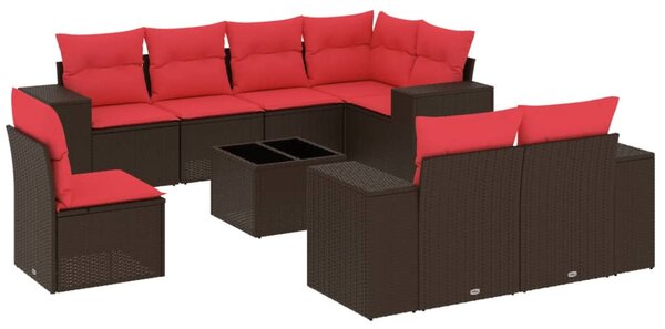 9 db barna polyrattan kerti kanapégarnitúra párnákkal