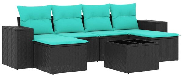 7 db fekete polyrattan kerti kanapégarnitúra párnákkal