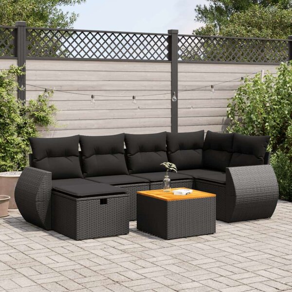 VidaXL 7 részes fekete polyrattan kerti ülőgarnitúra párnával