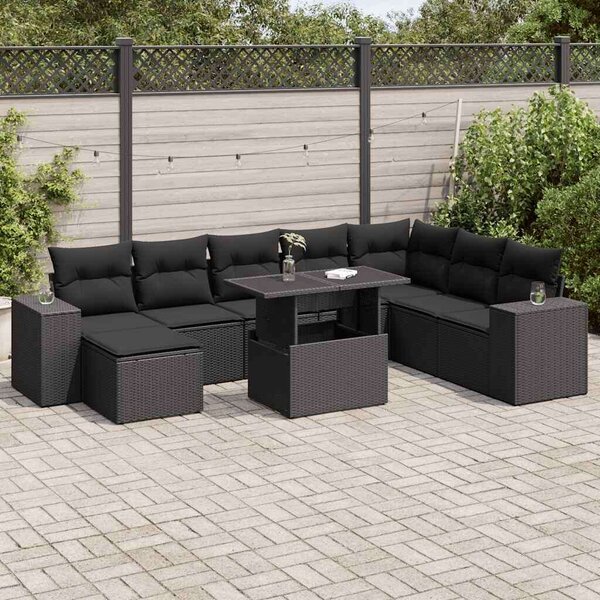 VidaXL 9 részes fekete polyrattan kerti ülőgarnitúra párnákkal