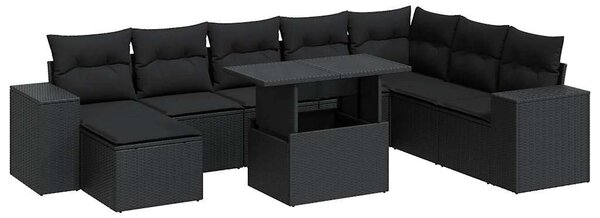 VidaXL 9 részes fekete polyrattan kerti ülőgarnitúra párnákkal