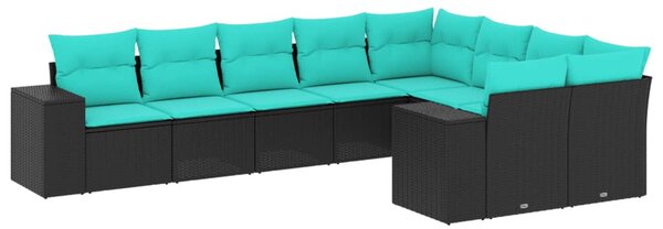 9 db fekete polyrattan kerti kanapégarnitúra párnákkal