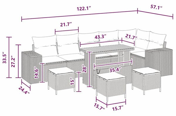 10 darabos kerti kanapé szett párnákkal fekete poli rattan akáccal, 4 darabos kerti étkező szett párnákkal fekete poli rattan akáccal