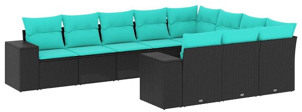 10 db fekete polyrattan kerti kanapégarnitúra párnákkal