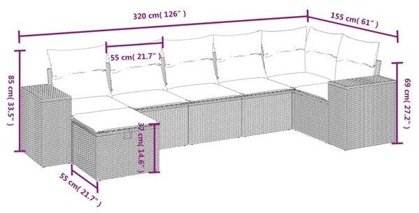 VidaXL Polyrattan Kerti Ülőgarnitúra - 7 részes - Fekete