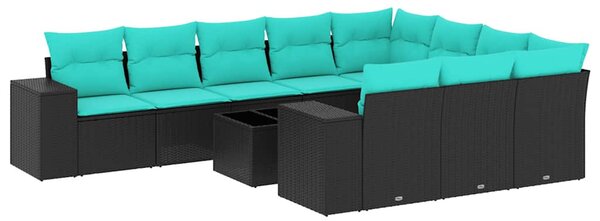 11 db fekete polyrattan kerti kanapégarnitúra párnákkal