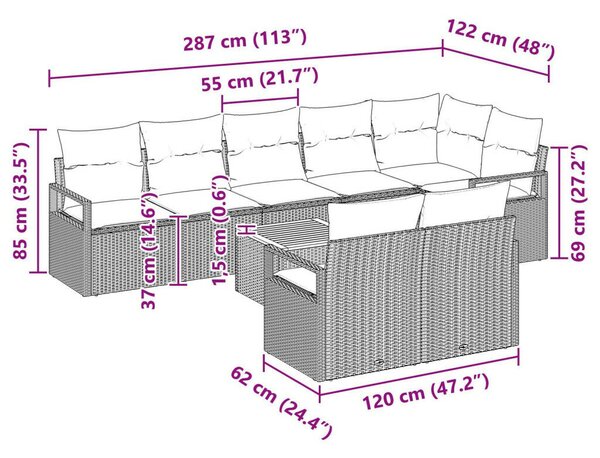 9 darabos kerti kanapé szett párnákkal Szürke Poli Rattan Akácia, 2 személyes kerti kanapé párnákkal Szürke Poli Rattan
