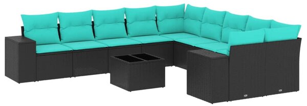 11 db fekete polyrattan kerti kanapégarnitúra párnákkal