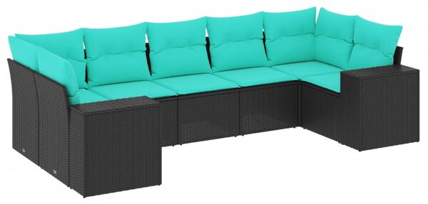7 db fekete polyrattan kerti kanapégarnitúra párnákkal