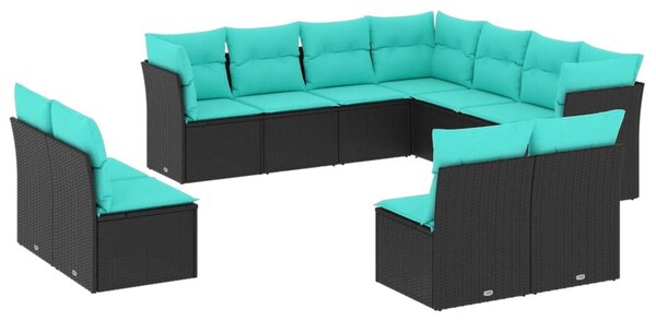 11 db fekete polyrattan kerti kanapégarnitúra párnákkal