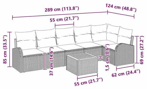 7 Részes Kerti Kanapé Készlet Párnákkal Szürke Poli Rattan Akácia