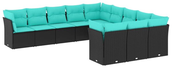 11 db fekete polyrattan kerti kanapégarnitúra párnákkal