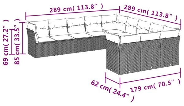 11 db fekete polyrattan kerti kanapégarnitúra párnákkal