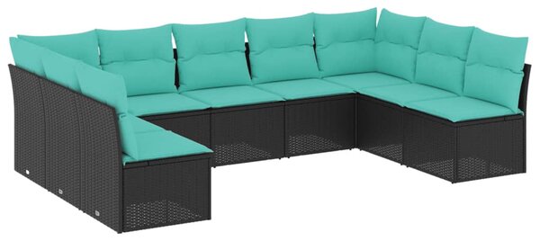 9 db fekete polyrattan kerti kanapégarnitúra párnákkal