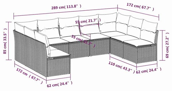 9 db fekete polyrattan kerti kanapégarnitúra párnákkal