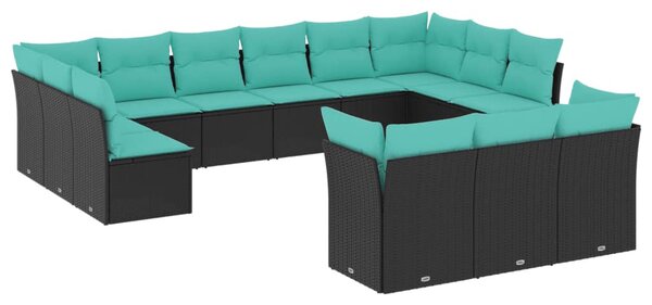 13 db fekete polyrattan kerti kanapégarnitúra párnákkal