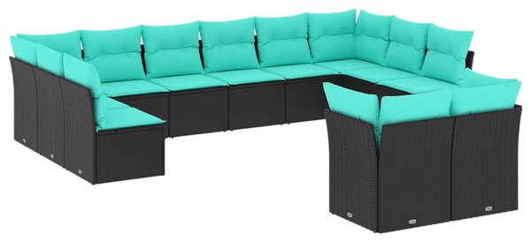 12 db fekete polyrattan kerti kanapégarnitúra párnákkal