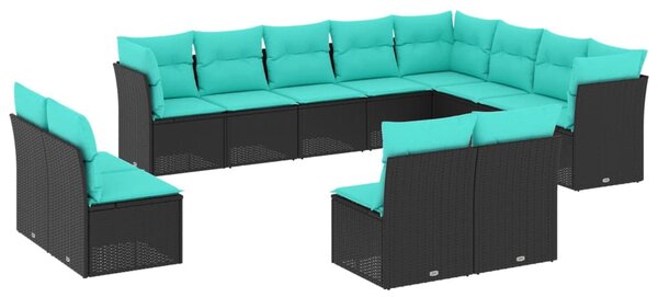12 db fekete polyrattan kerti kanapégarnitúra párnákkal