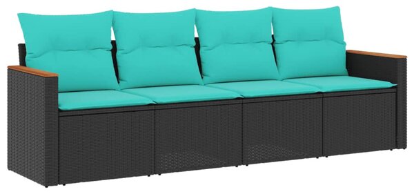 4 db fekete polyrattan kerti kanapégarnitúra párnákkal