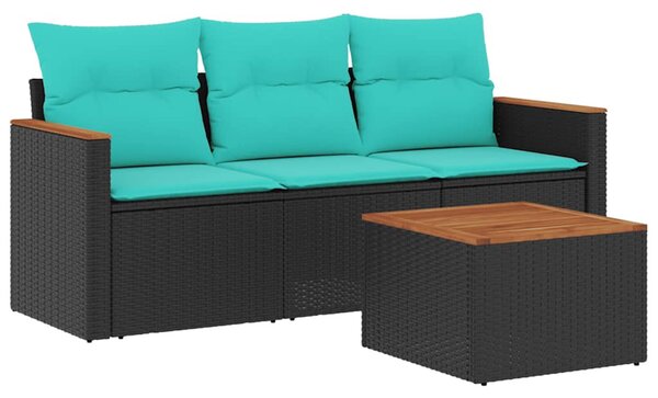 4 db fekete polyrattan kerti kanapégarnitúra párnákkal