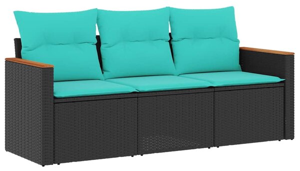 3 db fekete polyrattan kerti kanapégarnitúra párnákkal
