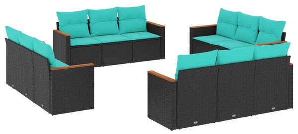 12 db fekete polyrattan kerti kanapégarnitúra párnákkal