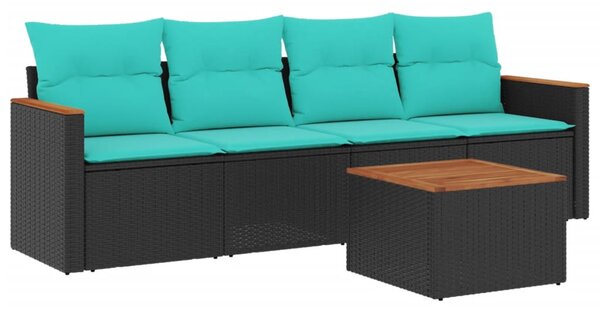 5 db fekete polyrattan kerti kanapégarnitúra párnákkal