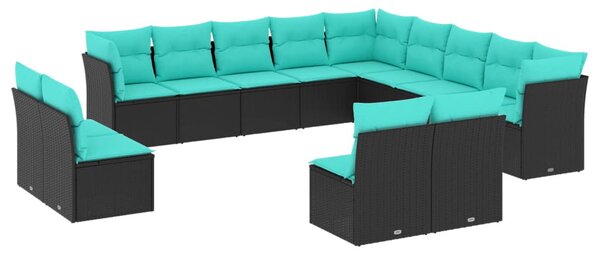 13 db fekete polyrattan kerti kanapégarnitúra párnákkal