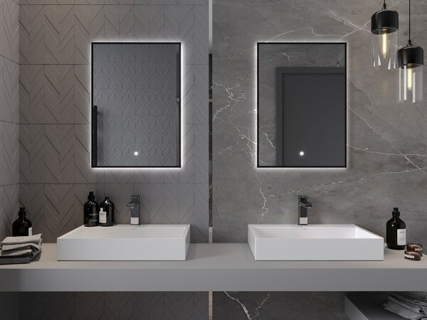 Mexen Erma 50 x 70 cm-es, LED 6000K világítású, páramentes fürdőszobai tükör, fekete keret - 9814-050-070-611-70