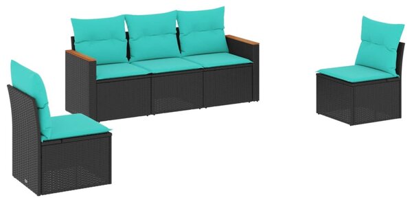 5 db fekete polyrattan kerti kanapégarnitúra párnákkal