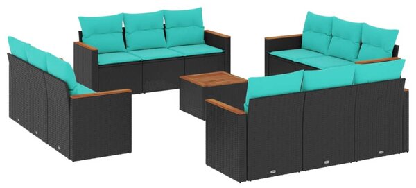 13 db fekete polyrattan kerti kanapégarnitúra párnákkal