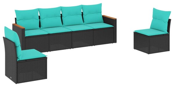 6 db fekete polyrattan kerti kanapégarnitúra párnákkal