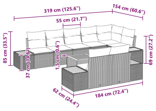 9 Részes Kerti Kanapé Szett Párnákkal - Fekete Poli Rattan és Akác