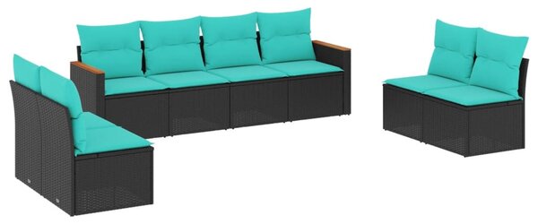 8 db fekete polyrattan kerti kanapégarnitúra párnákkal