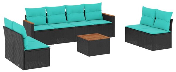 9 db fekete polyrattan kerti kanapégarnitúra párnákkal