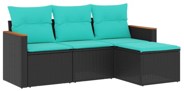 4 db fekete polyrattan kerti kanapégarnitúra párnákkal