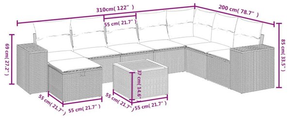 VidaXL Polyrattan Kerti Ülőgarnitúra - 9 részes - Fekete