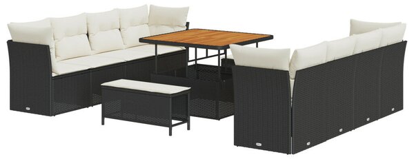 11 Darabos Kertkanapé Szett Párnákkal Fekete Poli Rattan Akáccal, 3 Darabos Kert Étkező Szett Párnákkal Fekete Poli Rattan Akáccal
